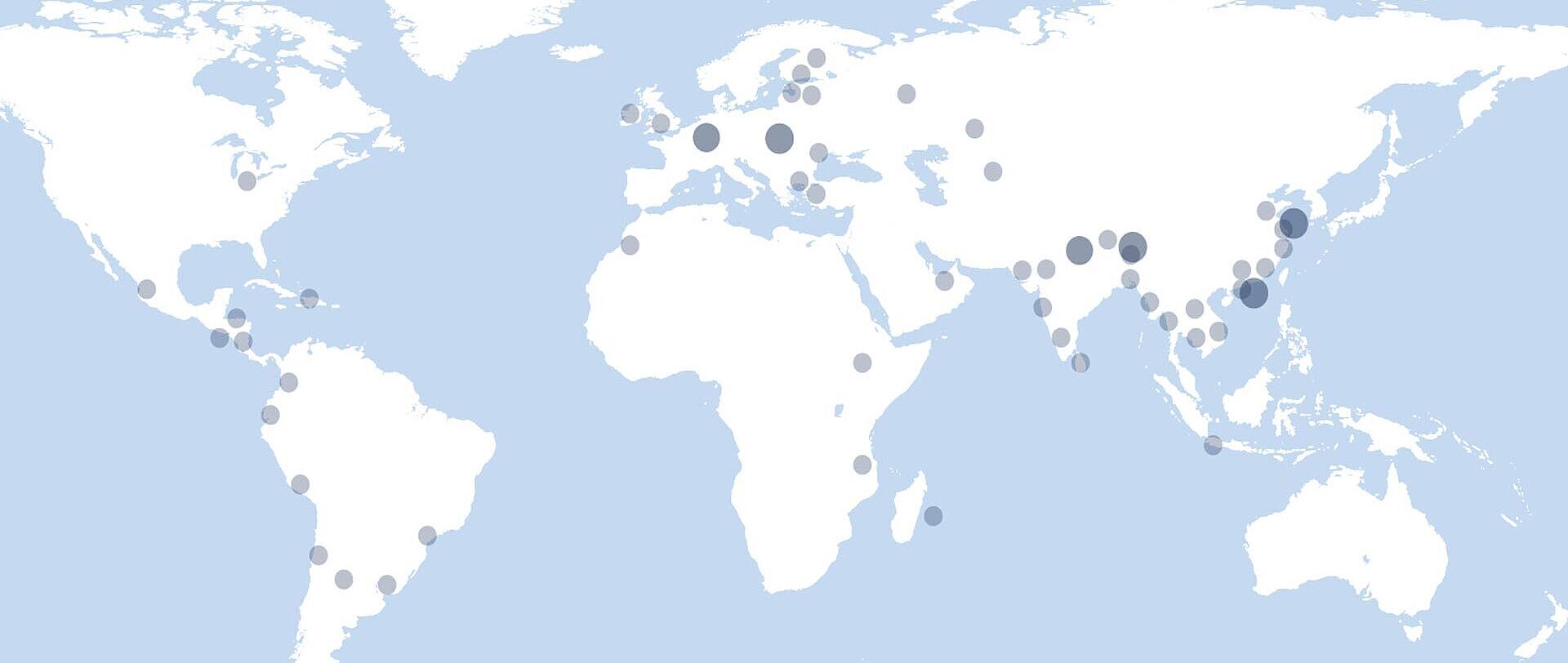 world map with dots for testing lab locations and contact offices