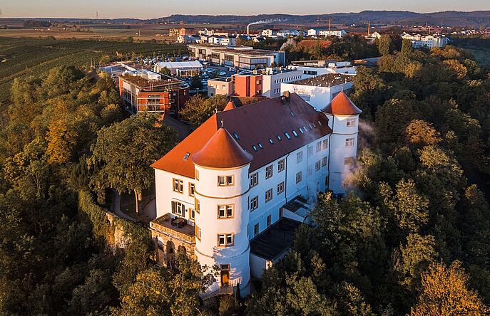 Aerial view of Hohenstein headquarters on hill with castle and labs