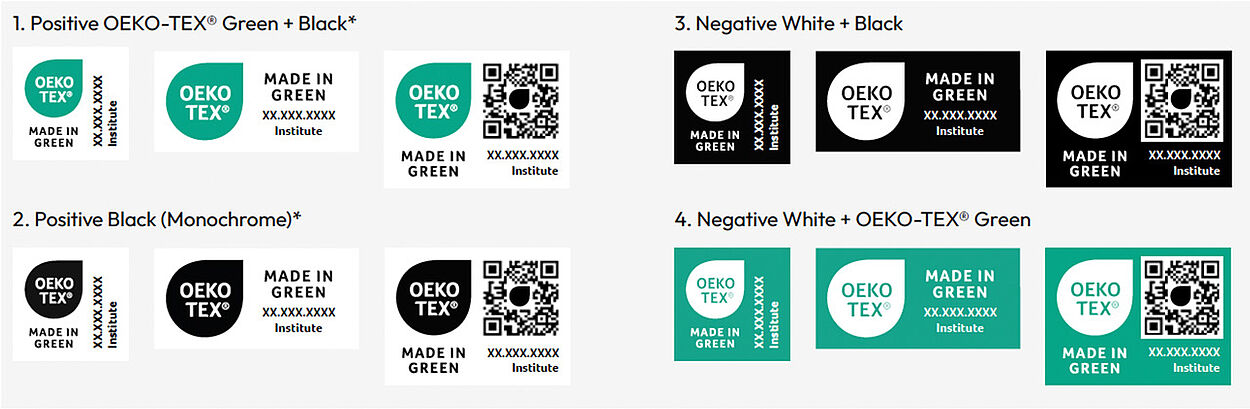 OEKO-TEX® labels shown in 3 different layouts for all 4 color variations