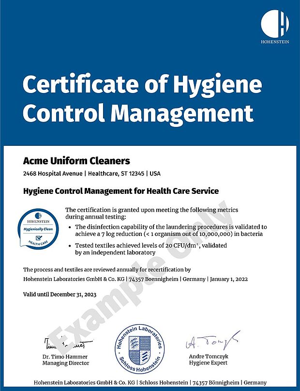 Certificate of Hygiene Management for Healthcare Laundry with "Example" watermark, requirements, Hohenstein seal