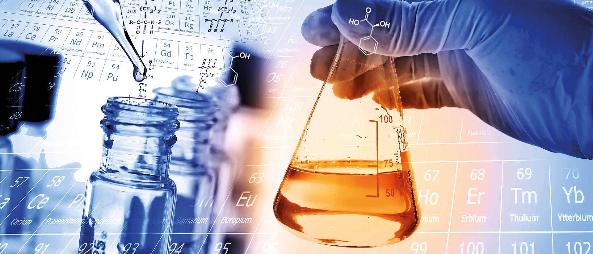 Chemicals in a test tube and the table of chemical elements