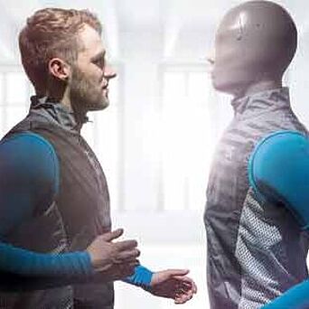 Human facing testing manikin in same clothes and pose 