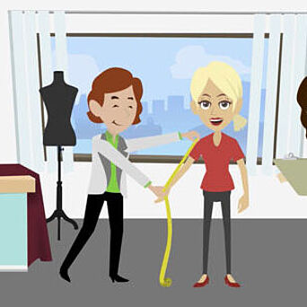 Illustration of 2 women and a man at garment fitting