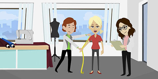 Illustration of 2 women and a man at garment fitting