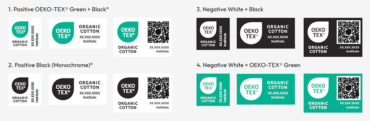OEKO-TEX® labels shown in 3 different layouts for all 4 color variations