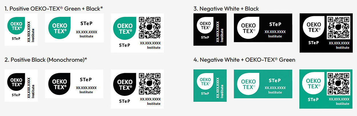 OEKO-TEX® labels shown in 3 different layouts for all 4 color variations