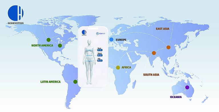 World map showing Hohenstein Global Size Study data collection regions including North America, Latin America, Europe, Africa, South Asia, East Asia and Oceania