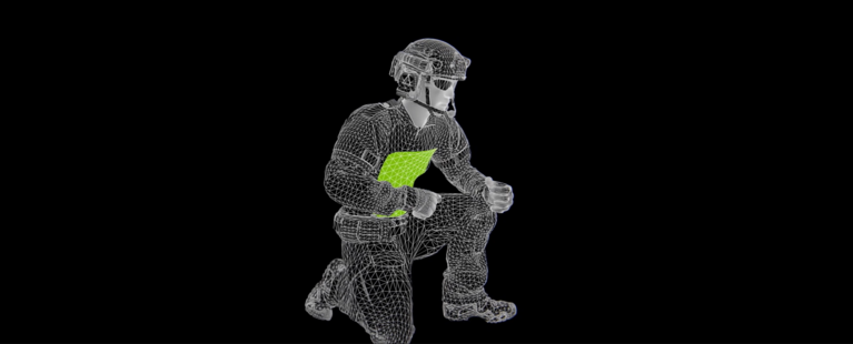 Scan of man wearing a ballistic vest with highlighted bends in surface of torso