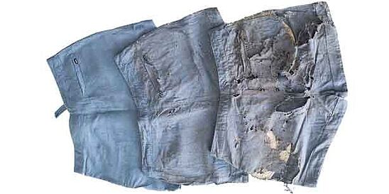 denim shorts in 3 stages of biodegradation