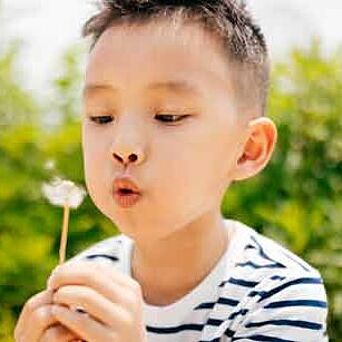 boy wearing striped shirt, outside with dandilion