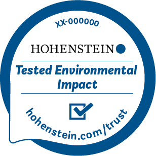 Blue circle around Hohenstein logo, check mark, "hohenstein.com-trust", "Tested Quality" "Tested Environmental Impact"