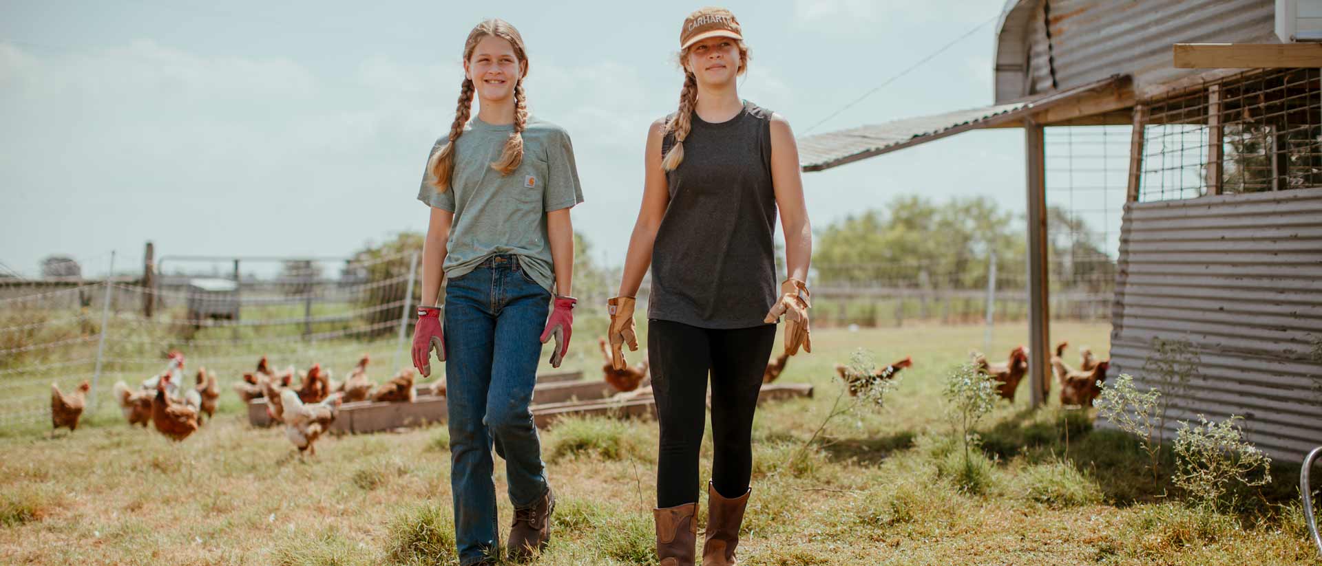 Two females in Carhartt workwear on a farm