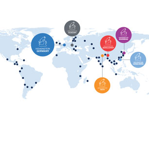 illustrated world map with Hohenstein labs and contact offices