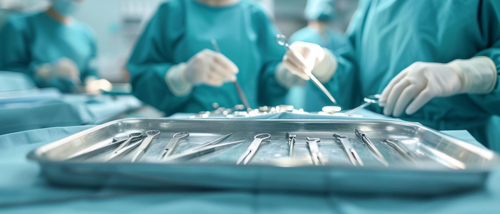 Gloved surgeon handling surgical implements in operating room