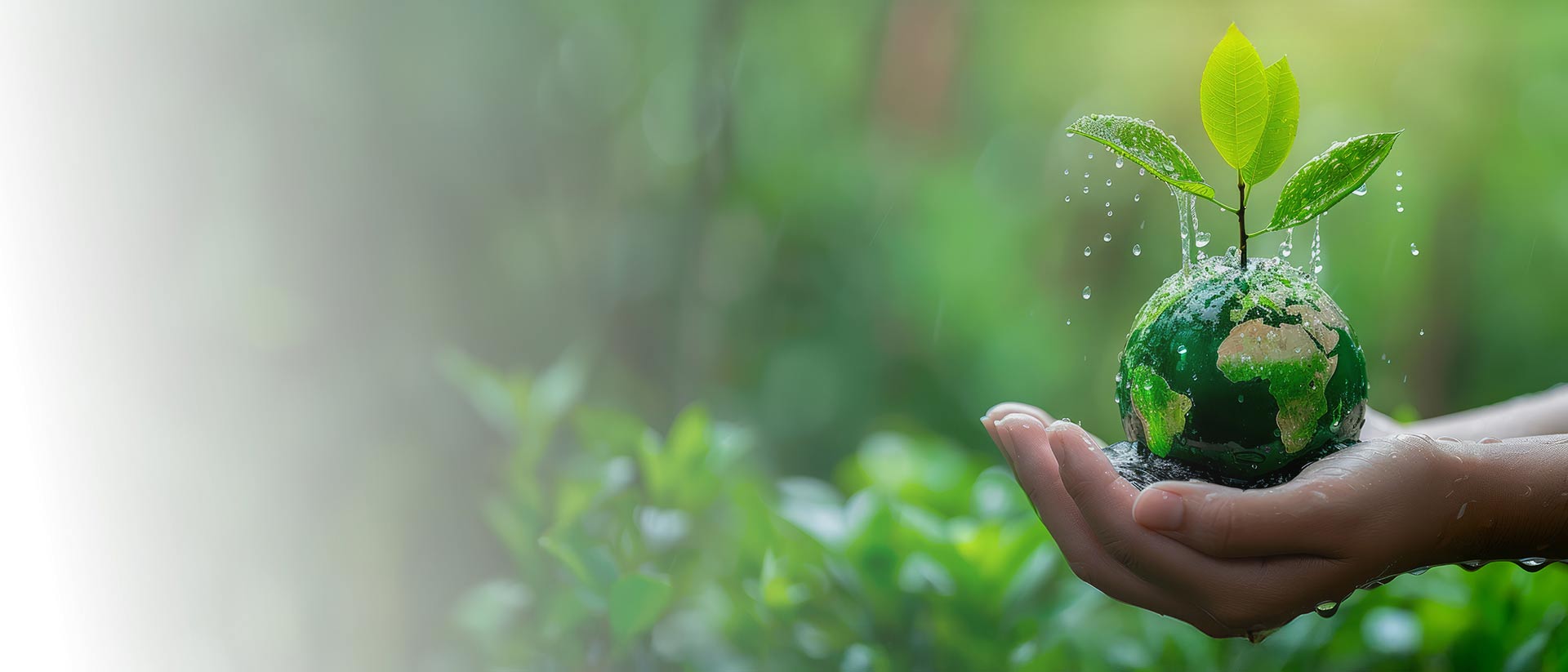 Regulations to Guide More Sustainable Supply Chains Water droplets fall from a young plant growing from a tiny planet Earth, held by human hands.
