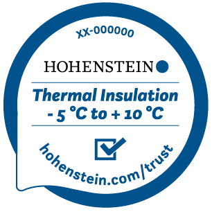 Blue circle around Hohenstein logo, "Thermal Insulation -5°C to 10°C", check mark, "hohenstein.com/trust"