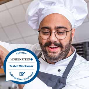 Chef wearing hat, Hohenstein Quality Label for Tested Workwear