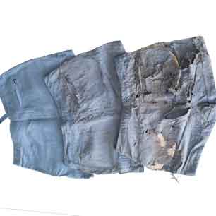 denim shorts in 3 stages of biodegradation