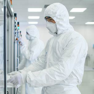 Testing expert in Hohenstein testing lab wearing cleanroom suit and facemask