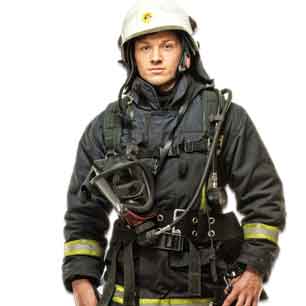 Fire fighter with turnout gear and helmet